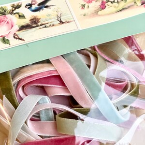 May include: A collection of pastel-colored velvet ribbons in shades of pink, green, and cream, with a decorative floral and bird print. The ribbons are in a clear plastic bag, perfect for crafting and embellishments.