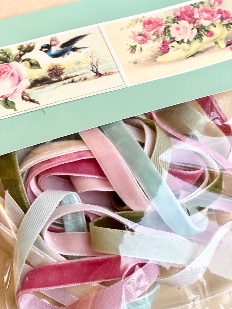 May include: A collection of pastel-colored velvet ribbons in shades of pink, green, and cream, with a decorative floral and bird print. The ribbons are in a clear plastic bag, perfect for crafting and embellishments.