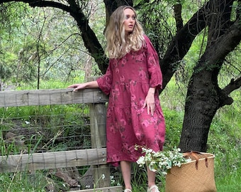 Floral linen Stella Dress in Cranberry wine colour . Floral linen dress . One size dress .