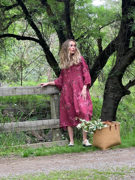 Floral Linen Stella Dress in Cranberry Wine Colour . Floral Linen Dress . One Size Dress .