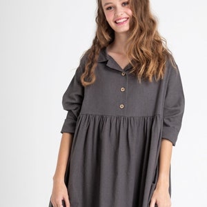 Trelise french style cotton shirtdress. casual prewashed soft cotton shirtdress in Charcoal and Blush Pink. image 3