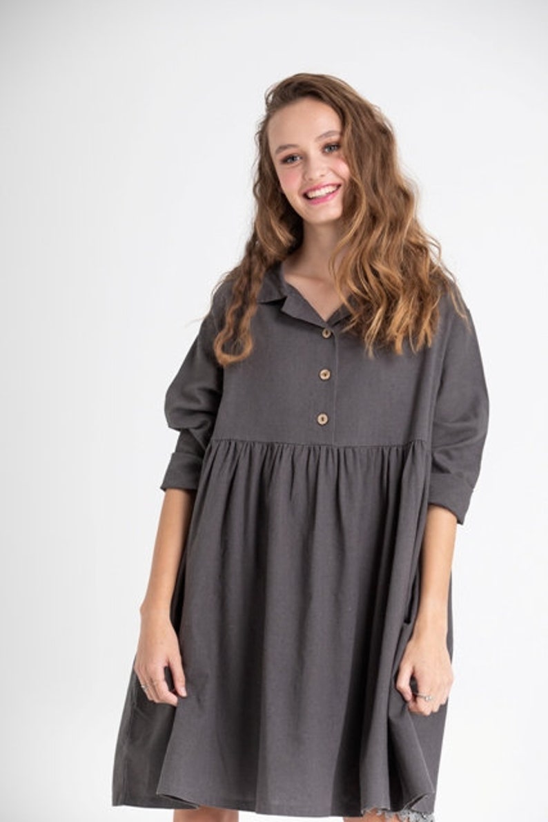 Trelise french style cotton shirtdress. casual prewashed soft cotton shirtdress in Charcoal and Blush Pink. image 3