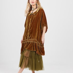 Florentine Luxurious velvet coat dress in Russet Gold. Velvet smock top in Russet Gold.