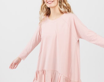 cotton Ruby Ruffle top with deep ruffle edge. Gorgeous casual womans top with long sleeves and wonderful full ruffle in Rose Pink