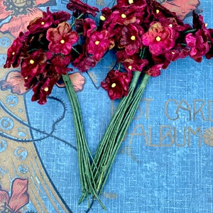 May include: A bunch of burgundy velvet flowers with yellow centers. The flowers are on green stems and are arranged in a bouquet.