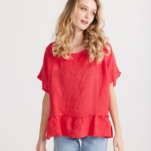 Priscilla linen top with ruffle detail in Red. Red linen blouse with pretty ruffle.