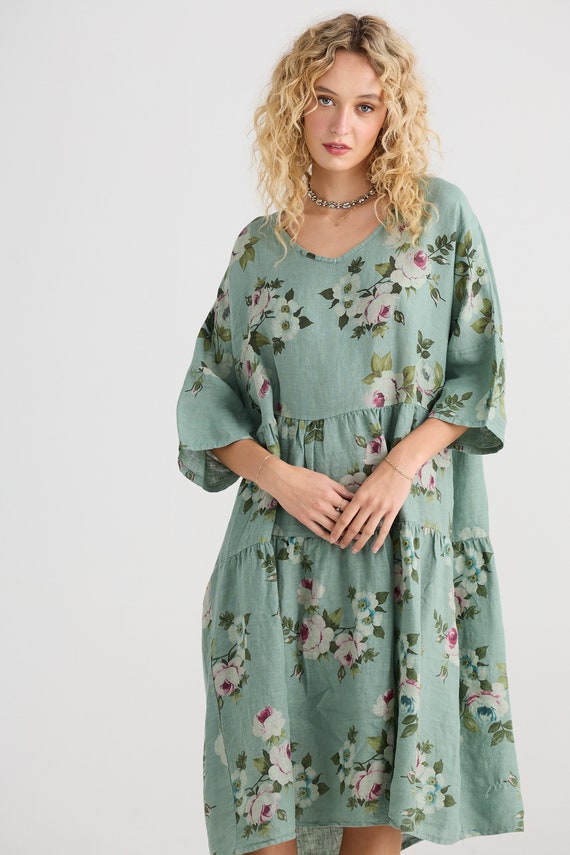 Floral Linen Stella Dress in Sage Green . One Size Floral Linen Dress .Plus Size Floral Linen Dress. Casual Pretty Floral Dress.
