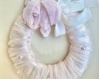 vintage pink  padded net wreath for Christmas or wedding decoration . can be used to frame a vintage photo