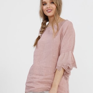 Ellie linen top with lace ruffle 3/4 length sleeves in Dusty Rose. linen and lace blouse in dusty rose. pink linen and lace blouse.