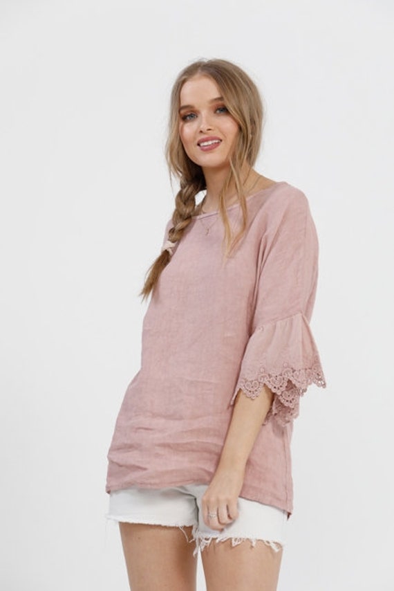 Ellie linen top with lace ruffle 3/4 length sleeves in Dusty Rose