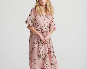 Audrey linen baby doll dress in exclusive rose floral in Antique rose pink . Pretty ruffled sleeve floral linen dress