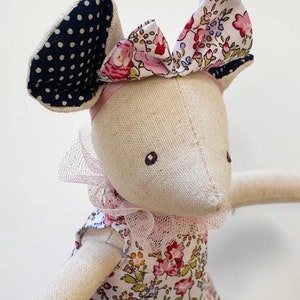 Milly mouse soft handmade toy dressed in removable vintage floral dress . First birthday gift . Christening gift