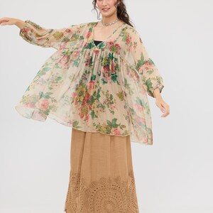 Floral Chiffon Blouse, Marigold Rose Print, Loose Tencel Top image 5