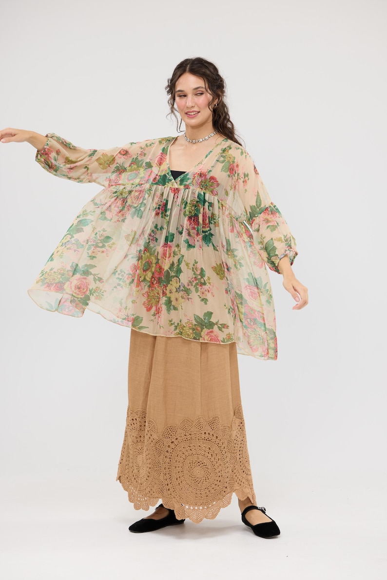 Floral Chiffon Blouse, Marigold Rose Print, Loose Tencel Top image 5