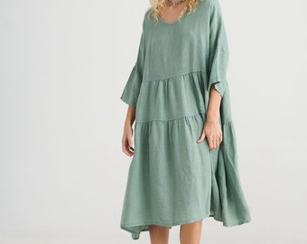 Linen Stella dress in pretty pastel sage green .   Classical pretty Linen pale sage green . Plus size linen dress.