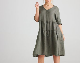 Linen Stella dress in Khaki. casual very full skirted linen dress in green.