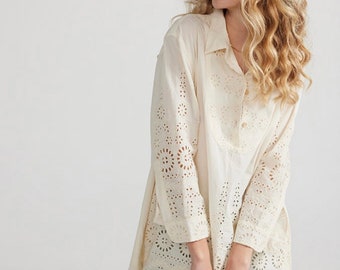 Gwendolyn  Broderie anglaise lace shirt dress in Classic cream. Lace shirt dress or top than can be worn on its own or with jeans, skirt.