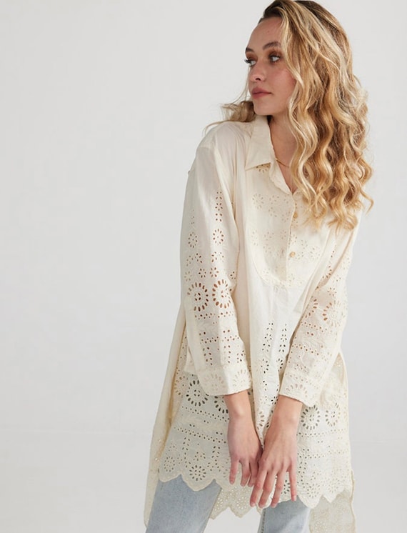 Gwendolyn Broderie Anglaise Lace Shirt Dress in Classic Cream