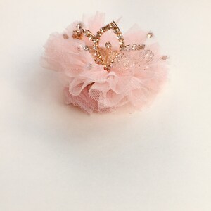 Pode incluir: Uma flor de tule rosa com uma coroa dourada adornada com strass.