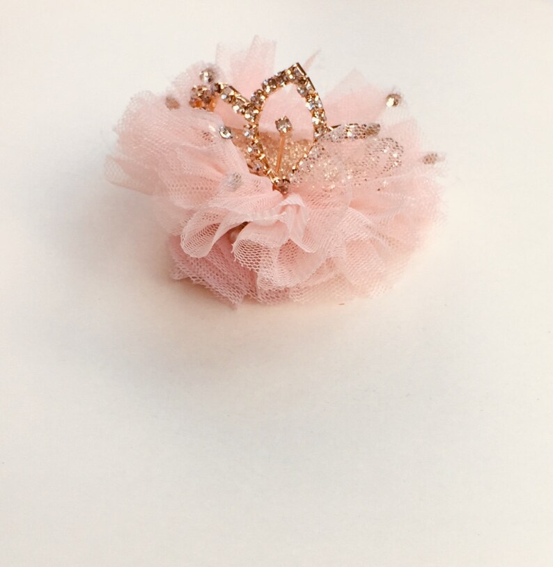 Pode incluir: Uma flor de tule rosa com uma coroa dourada adornada com strass.