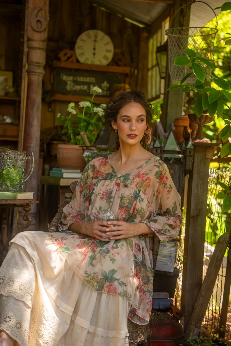 Floral Chiffon Blouse, Marigold Rose Print, Loose Tencel Top image 2