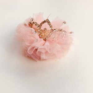 Pode incluir: Uma pequena flor de tule rosa com uma coroa dourada adornada com strass no centro.