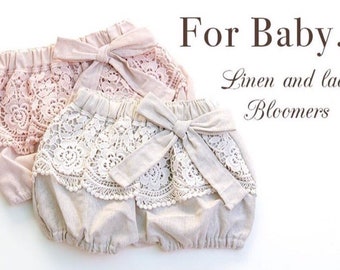 Bloomers de lino y encaje. Fundas de pañales de lino y encaje. Regalo de bebé . Fundas para pañales. lino natural con encaje vintage de algodón y lazo de lino.