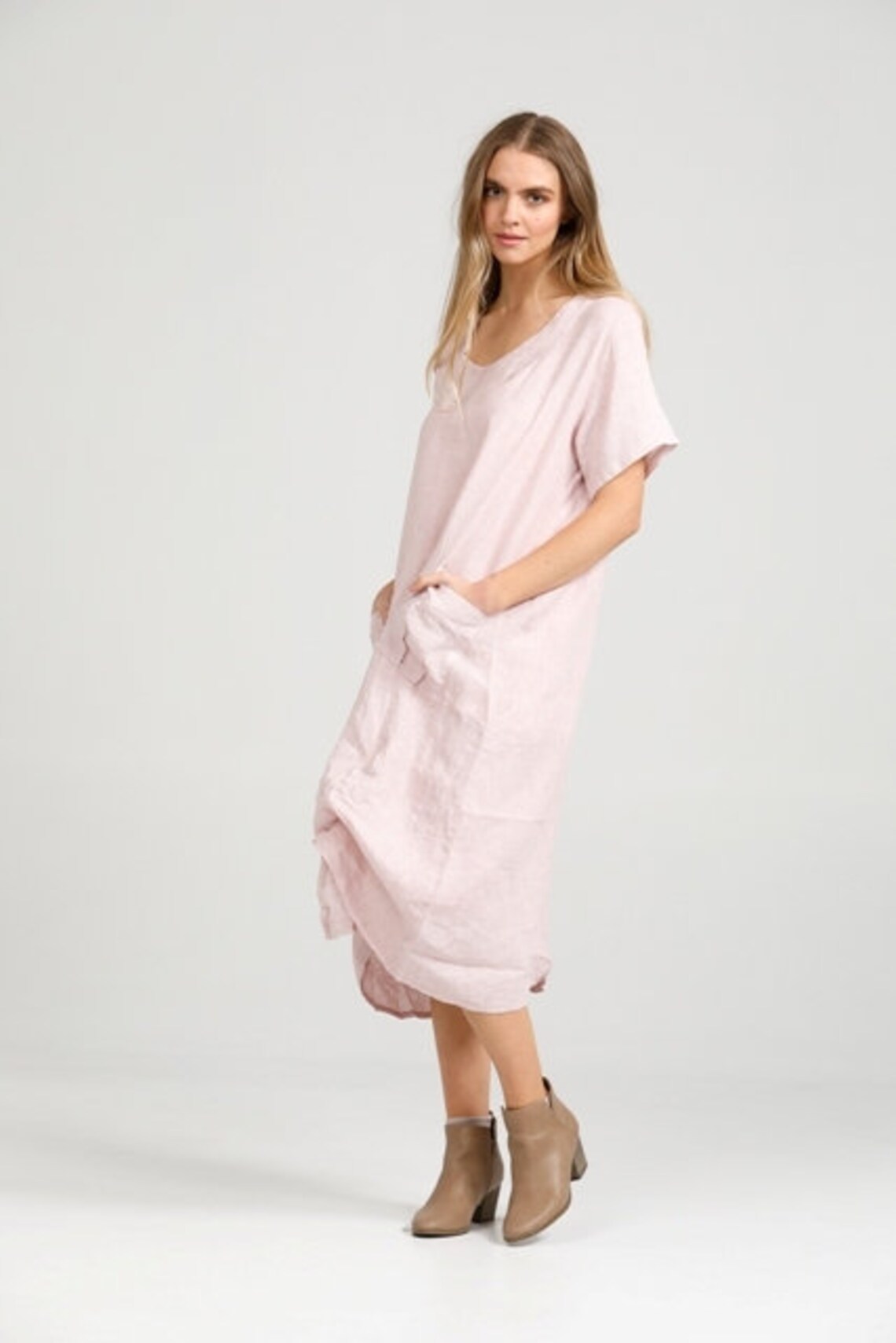 Linen Ruched Dress. Primavera Linen Dress in Blush. Scalloped | Etsy ...