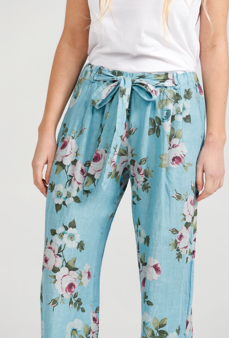 Linen pants in floral Tahitian blue Linen pants Linen trousers Linen Eva floral pants by Miss Rose Sister Violet