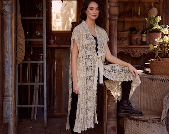Empress Vintage Lace Coat. Vintage Lace Duster . Long Vintage Lace