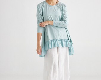 Cotton ruffle top in stretchy cotton with deep ruffle edge. Ruby Ruffle top in French Blue. Womens tshirt top in Duck egg  blue.