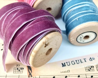 Vintage Velvet Ribbon Collection, Antique Costume Colors on Wooden Spools