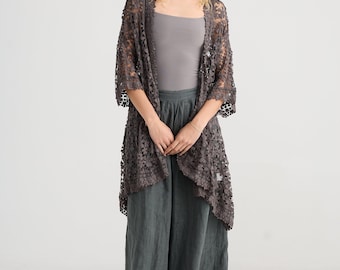 Cordelia Vintage Lace Jacket in Charcoal. Plus-size Vintage Lace