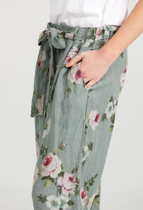 Eva Linen Floral Pants in Italian Linen 