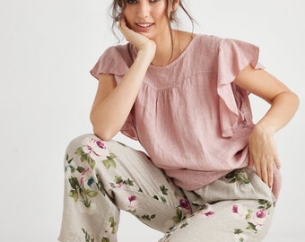 Bella Linen top with ruffled sleeves in antique Pink. Pretty Pink linen blouse. plus size linen top