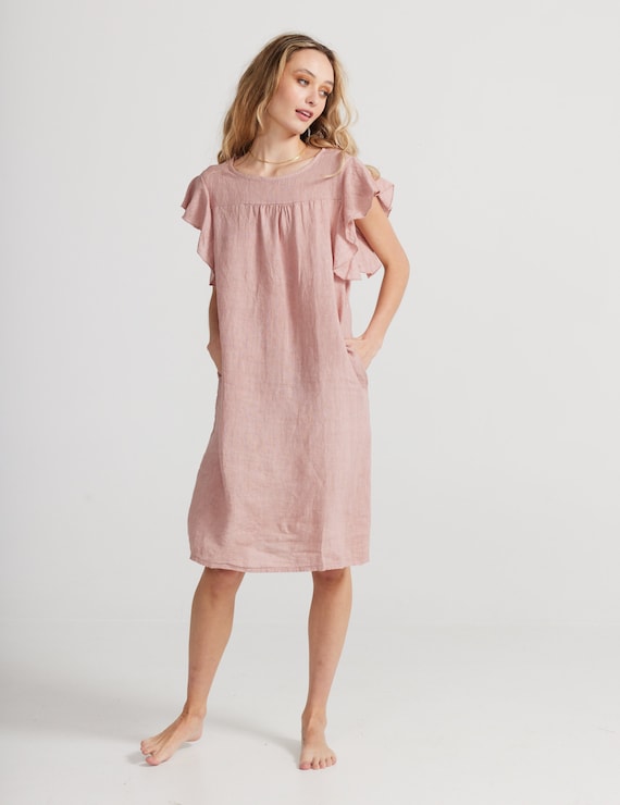 Poppy Linen Dress with Ruffled Sleeves in Antique Rose. Sassy,stylish Linen Dress Made from Italian Linen in Dusty Pink. Poppy Linen Dress with Ruffled Sleeves in Antique Rose. Sassy,stylish Linen Dress Made from Italian Linen in Dusty Pink.