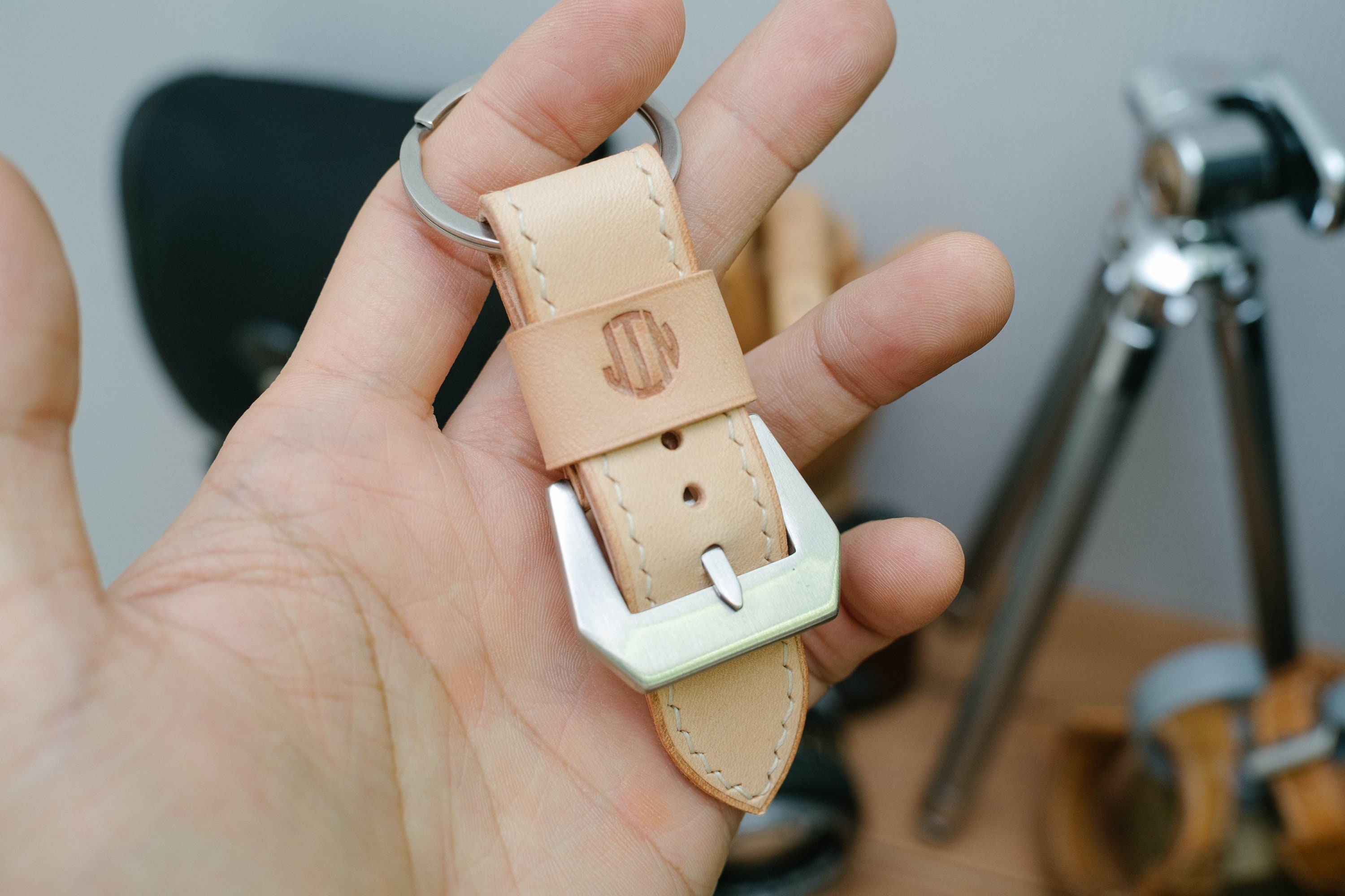 Bespoke leather Key rings resembles watch strap, Natural Vegetable tanned leather