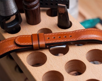 Aquis 43mm, 46mm compatible Bespoke leather watch strap, Glossy Brown vegetable tanned leather