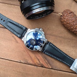 Oris Aquis 43mm, 46mm compatible made to order leather strap, Smooth Black vegetable tanned leather