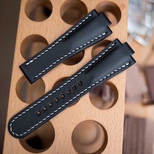 Oris Aquis 43mm, 46mm compatible made to order leather strap, Smooth Black vegetable tanned leather