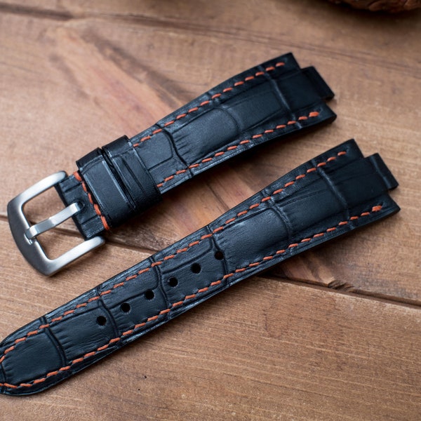 baume mercier Riviera compatible leather watch strap, Matt Black vegetable tanned leather