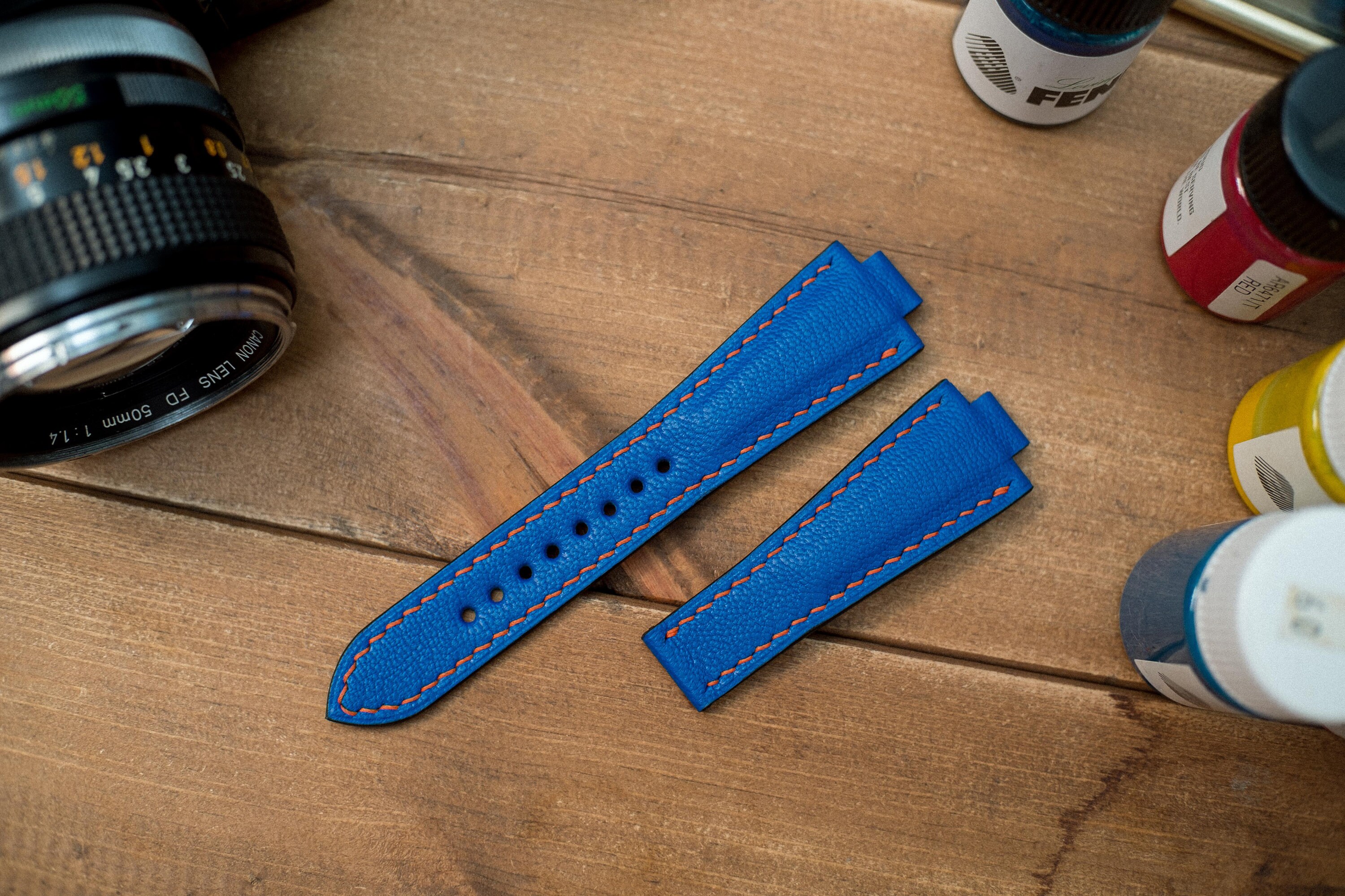 Oris aquis compatible made to order leather strap, Blue French goat skin