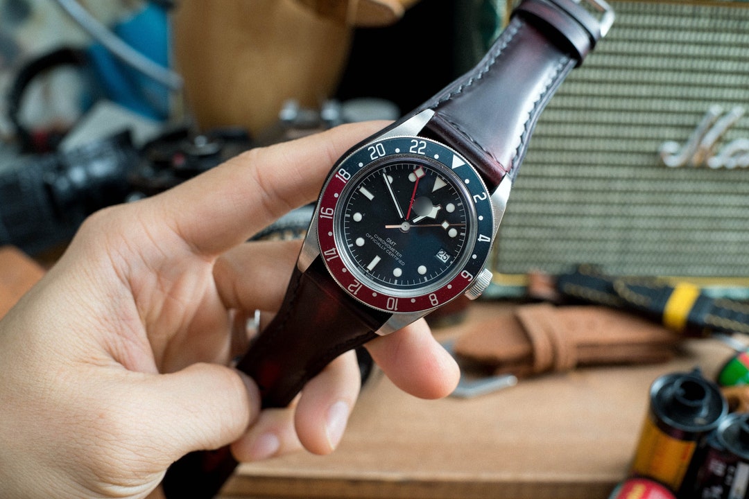 Bespoke Two Tone Watch Bund Strap, Black and Burgundy Mixed Leather - Etsy