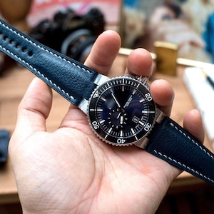 Oris Aquis 43mm, 46mm compatible made to order leather strap, Navy French goat skin