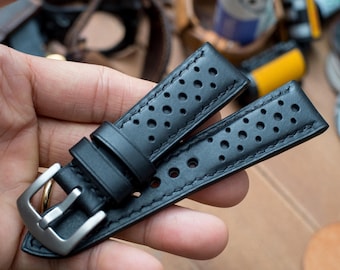 Orificio de carreras, correa de rally: cuero negro curtido vegetal, cosido a mano