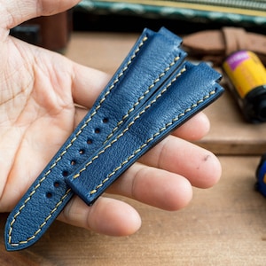 Oris aquis compatible made to order leather strap, Navy French goat skin