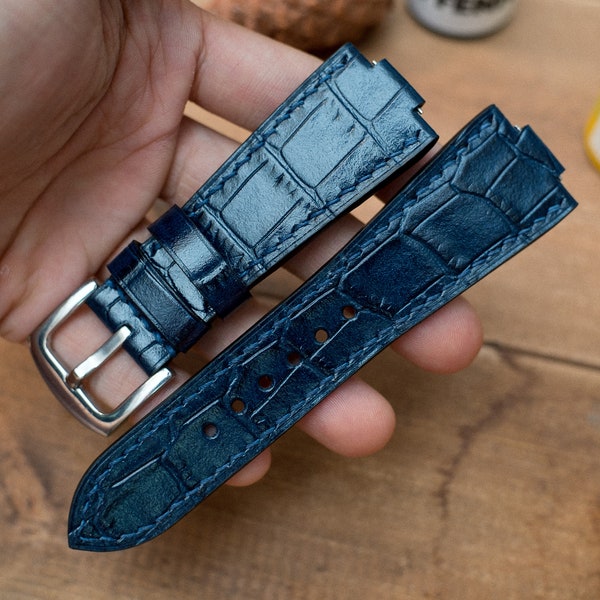 PRX compatible Bespoke leather watch strap, Dark Navy glossy leather