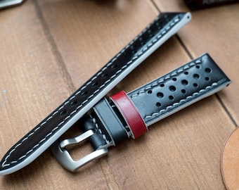 Correa de reloj Racing Hole: piel curtida vegetal negra, cosida a mano