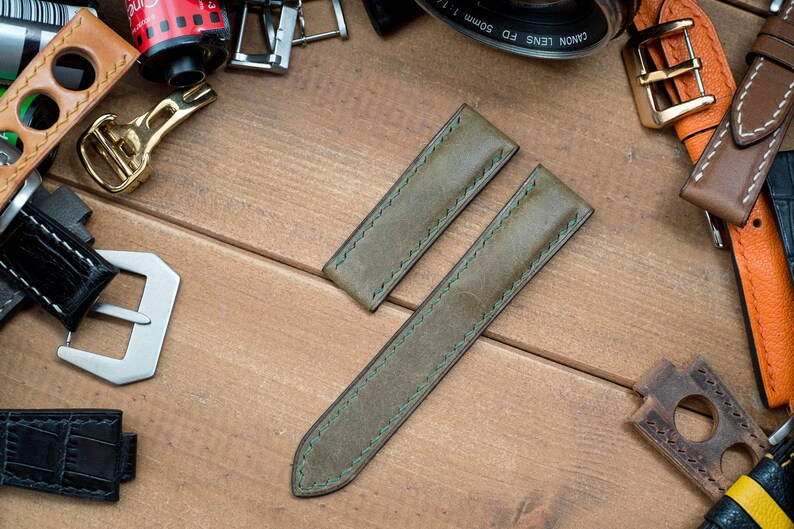 Bespoke leather watch strap, Vintage style Khaki green image 1