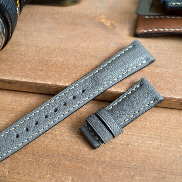 custom lug, Bespoke leather watch strap, Gray French goat skin